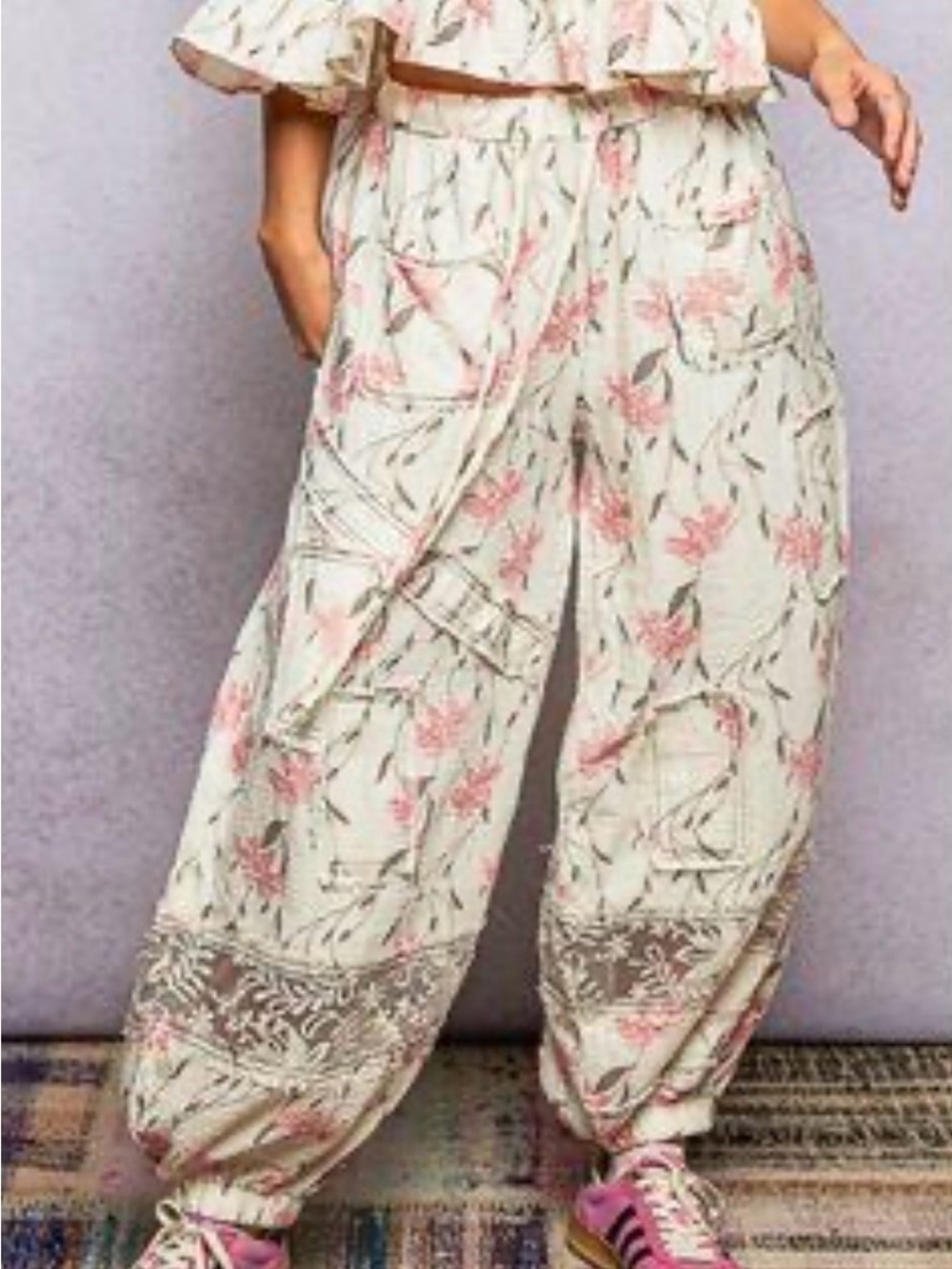 POL Floral Cream Drawstring Pants with Lace and Exposed Seam Details